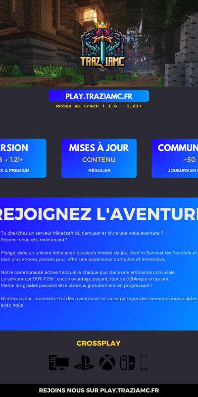 TraziaMC | Serveur FR Crack & Premium #2026 cover